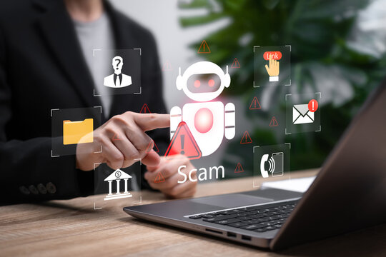 AI Cybersecurity, Financial Scam Detection Concept, Businesswoman Analyzing Fraudulent Activities, Online Scammer Identification,Data Protection,Phishing Email Alert,Internet Security,Financial Safety