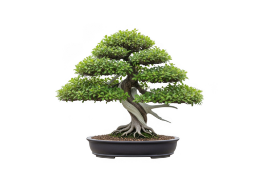A meticulously shaped green bonsai tree in a dark pot isolated on transparent background - Powered by Adobe