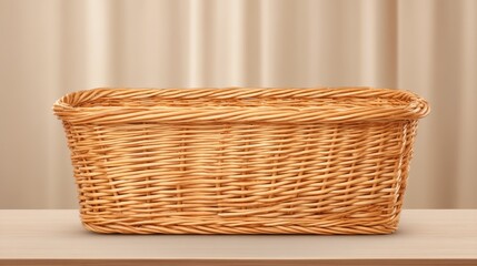 Obraz premium Exquisite handwoven wicker basket artfully placed on weathered rustic wooden table showcasing natural textures and warm organic materials in tranquil setting.