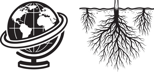 Black and White Vector Illustrations of Globe and Tree Roots