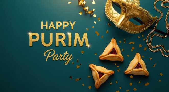Happy purim party celebration with mask and hamantaschen cookies