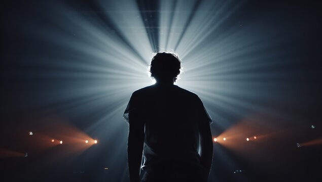 Silhouette of a person standing in radiant light, evoking inspiration, hope, and a journey of discovery on a stage or spiritual path