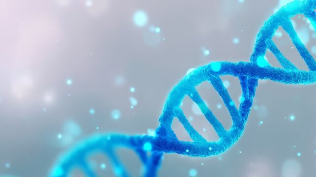 Vibrant blue dna molecule structure against serene grey background unveiling genetic code biological wonders and life's mysteries.