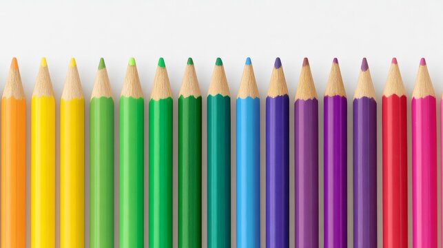 Vibrant array of colorful pencils neatly aligned perfect for art drawing and creative projects school supplies .stationery educational tools.