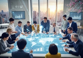 Dynamic global business team collaborating on innovative strategy around world map with futuristic data visualization in modern office setting