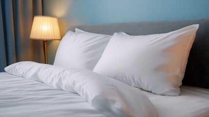 Obraz premium Comfortable bedroom setting with pristine white pillow and elegant bedside lamp illuminating modern home decor for peaceful sleep environment.
