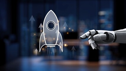 A robotic hand points towards a glowing rocket, representing the fusion of technology and...