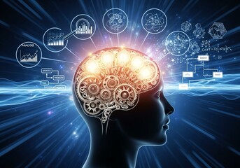 Brilliant mind conceptualizing complex ideas with glowing lightbulbs and intricate gears symbolizing innovation, analysis, and problem solving in a futuristic digital landscape