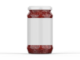 A jar of chili sauce mockup placed against a white background. Sealed container. 3d illustration