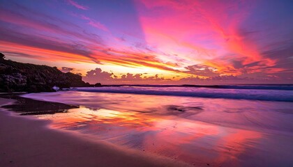 Obraz premium Vibrant Pink and Orange Sunset Over a Serene Beach With Reflective Wet Sand and Gentle Waves During Golden Hour