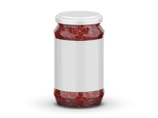 A jar of chili sauce mockup placed against a white background. Sealed container. 3d illustration