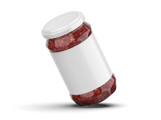 A jar of chili sauce mockup placed against a white background. Sealed container. 3d illustration