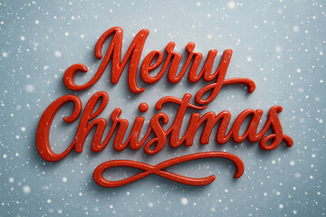 A festive 3D-rendered "Merry Christmas" text design in elegant red calligraphy with a smooth, glossy finish. The artwork features a realistic snow effect.