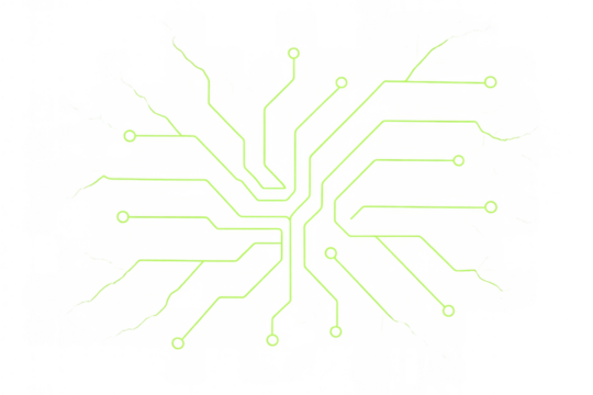 Green glowing circuit board lines forming a digital network connection diagram with transparent background
