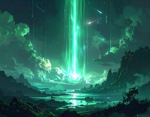 A vibrant night scene with an emerald beam of light piercing through the sky over a serene landscape with mountains and water