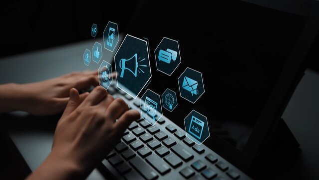 Digital marketing promotion strategy using megaphone, social media marketing, digital ads video content, communication, analytics, and global branding advertisement for business outreach Marrow