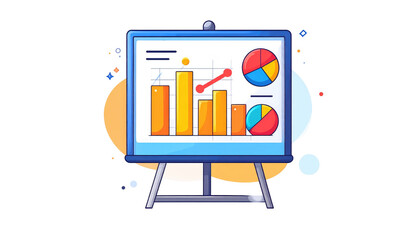 Colorful cartoon showing bar graphs, line and pie charts on presentation board against an abstract background