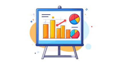 Colorful cartoon showing bar graphs, line and pie charts on presentation board against an abstract background
