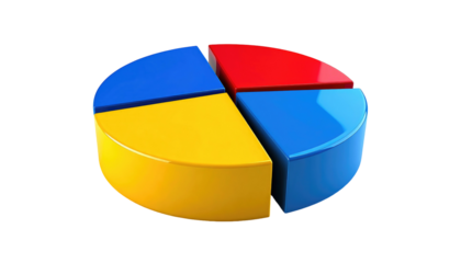 Pie chart in bright red, blue, and yellow hues, with a slice separated, rendering a simple business graphic