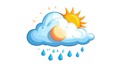 Cartoon weather icon depicting a cloud with sun, rain, and partly visible moon
