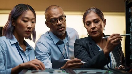 Three professionals in a server room looking at equipment - Powered by Adobe