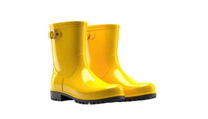 Two vibrant yellow rubber boots, angled slightly. Their shiny surface catches light, standing out on black