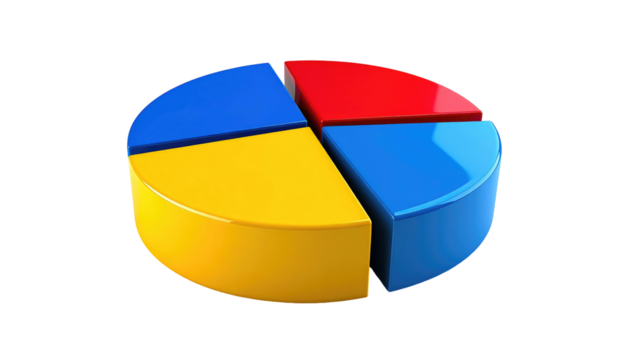 Pie chart in bright red, blue, and yellow hues, with a slice separated, rendering a simple business graphic