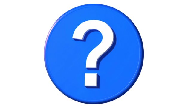 A blue button has a bold, white question mark centered on it; isolated against a pure black background