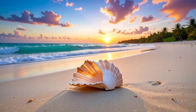 A large seashell rests on pristine white sand, bathed in the golden light of a tropical sunset with turquoise waves. Palm trees frame the beach - Powered by Adobe