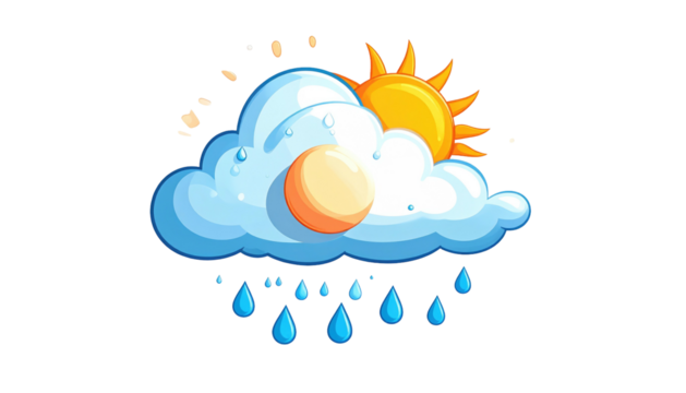 Cartoon weather icon depicting a cloud with sun, rain, and partly visible moon