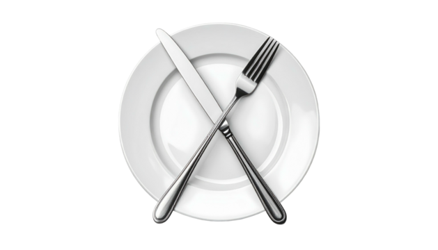 Glossy white plate with crossing silverware (fork and knife) on a black backdrop, centered
