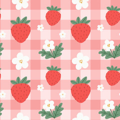 Seamless strawberry and flower pattern on pink gingham background, cute hand-drawn fruit vector design for cards, invitations, fabric, wrapping paper, and social media wallpapers.