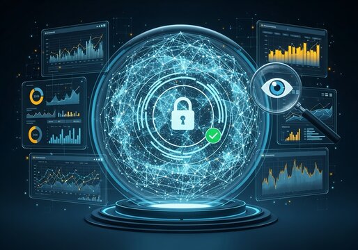Secure digital network protection with glowing data analysis and cybersecurity shield, representing advanced global data security and network surveillance for protecting sensitive information.