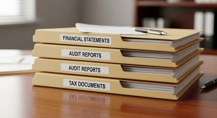 Financial report analysis tax budget financial accounting folders on office desk with pen and documents showing audit report and tax documents providing professional organized financial paperwork