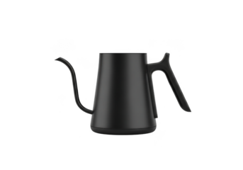 Sleek matte black gooseneck kettle for pour over coffee isolated on transparent background
