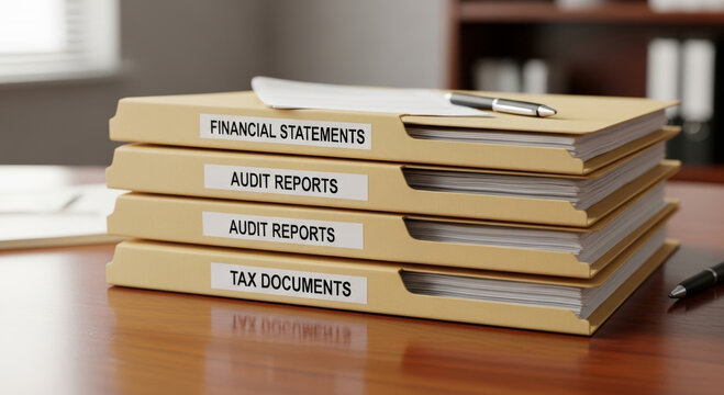 Financial report analysis tax budget financial accounting folders on office desk with pen and documents showing audit report and tax documents providing professional organized financial paperwork