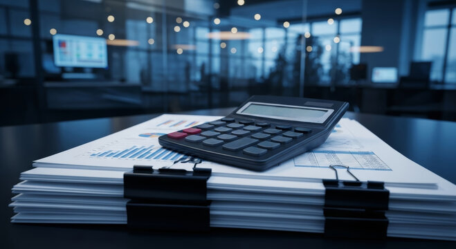 Financial report analysis tax budget financial accounting calculator printed report with charts and binder clips modern office conveying focused professional planning and thoughtful evaluation