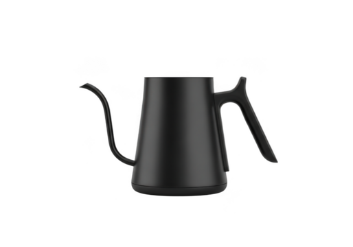 Sleek matte black gooseneck kettle for pour over coffee isolated on transparent background