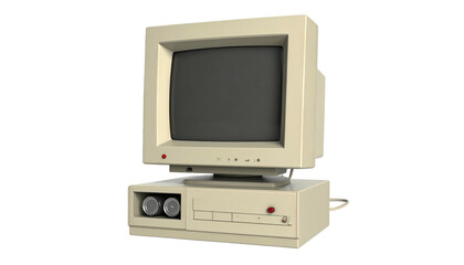 Beige vintage computer with black screen and two drives; computer sits on a black background