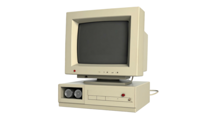 Beige vintage computer with black screen and two drives; computer sits on a black background
