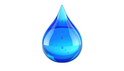 A photorealistic, isolated blue water droplet with transparent qualities, on black backdrop, exhibiting reflections