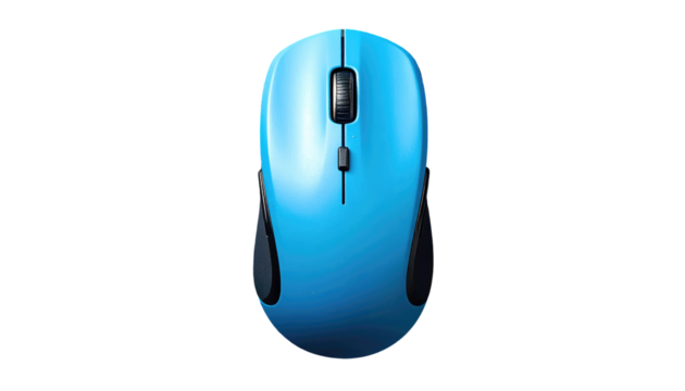 A bright cyan computer mouse is seen from the top on a black background. Its design is ergonomic and modern
