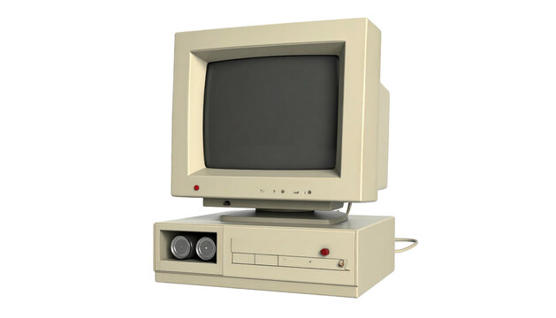 Beige vintage computer with black screen and two drives; computer sits on a black background