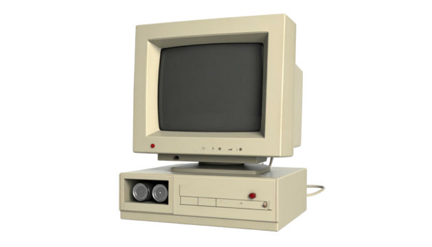 Beige vintage computer with black screen and two drives; computer sits on a black background