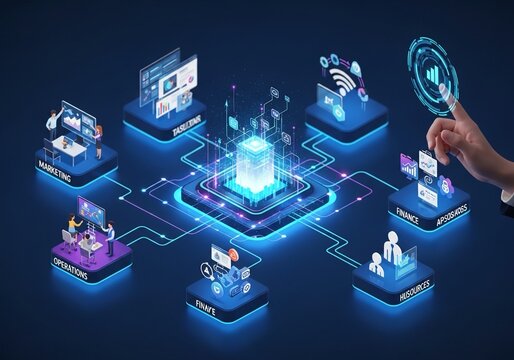 Dynamic digital network connects marketing, operations, finance, and resources, visualizing modern business integration and data flow with glowing futuristic interface elements. - Powered by Adobe