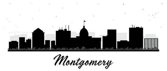 Obraz premium Montgomery Alabama USA city skyline silhouette with black buildings isolated on white. Illustration. Montgomery cityscape with landmarks. Tourism concept with modern architecture.