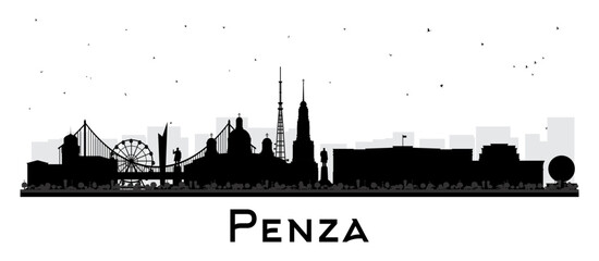 Fototapeta premium Penza Russia city skyline silhouette with black buildings isolated on white. Penza cityscape with landmarks. Business travel and tourism concept with modern and historic architecture.