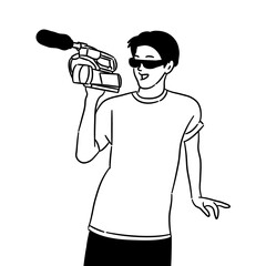 Black and white vector illustration of a Korean K-pop idol. A male K-pop idol looks very happy while holding his handycam.