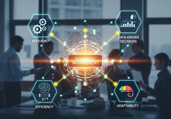 Empower your business with dynamic strategic management concepts like data driven decisions efficiency and adaptability visualized in a modern collaborative office environment