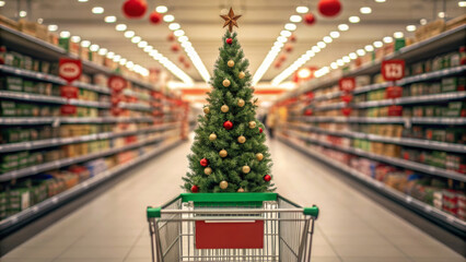 Green christmas tree in shopping cart for winter budget holiday and new year shopping cheer in supermarket aisle with festive decorations
